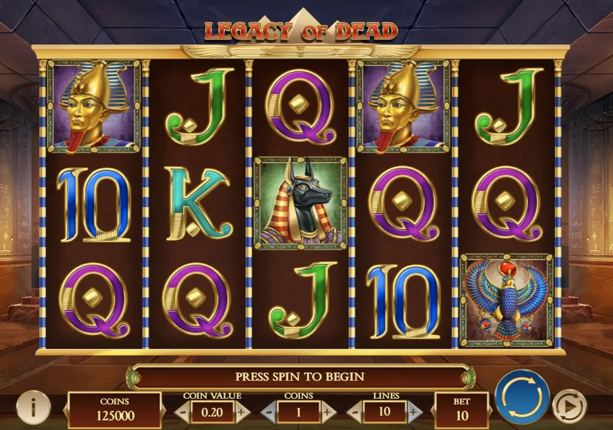 Legacy of Dead base game showing Egyptian symbols including Pharaoh and Anubis on 5x3 grid