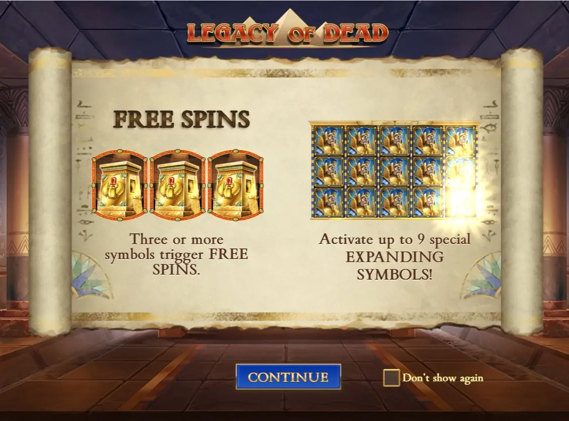 Free spins info screen in Legacy of Dead showing scatter trigger and expanding symbols mechanic
