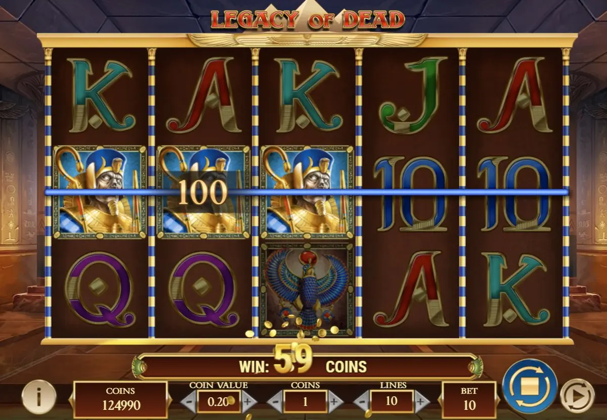 Two pharaoh symbols expanding with 59 coin win in Legacy of Dead